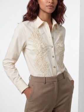 Aleeza Paris Mocha Embroidered Crystal Button-Down Blouse